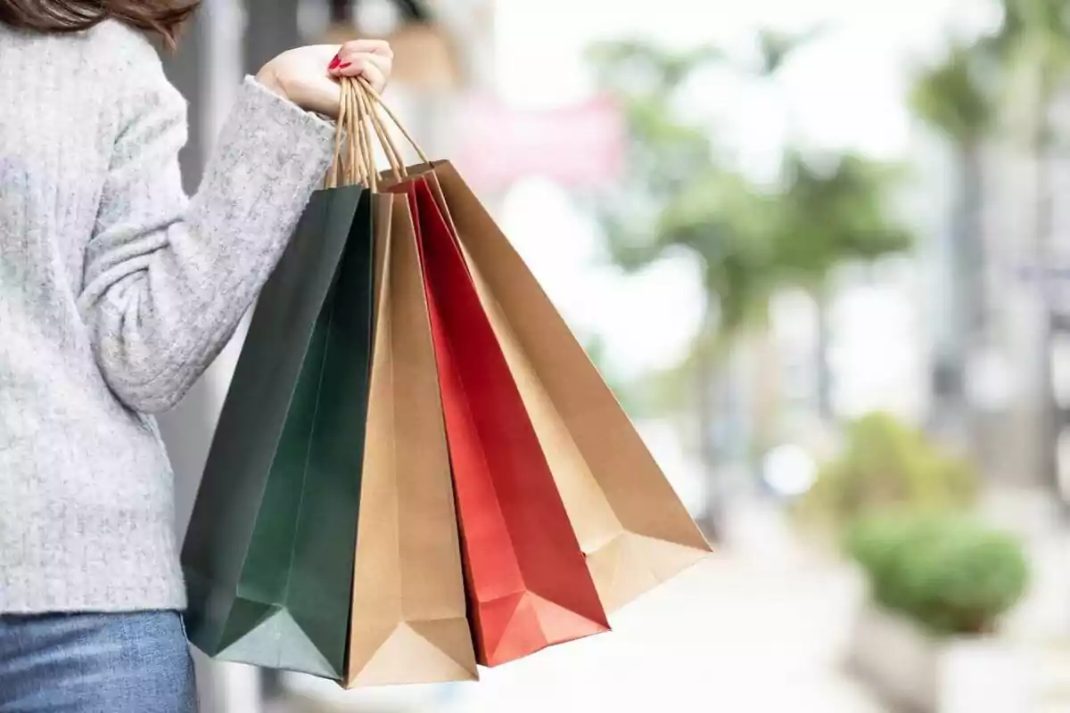 Persona sosteniendo varias bolsas de compras de colores en una calle.