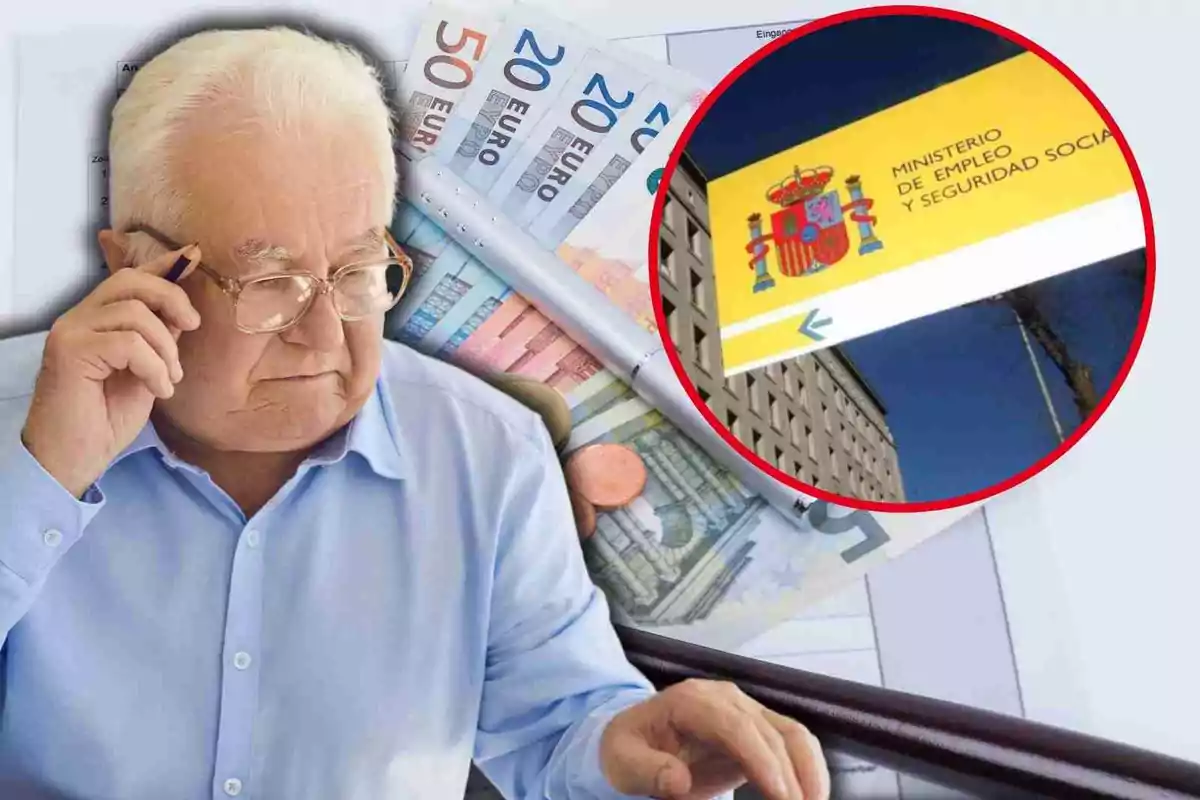 Un hombre mayor con gafas y camisa azul, sosteniendo un bolígrafo, con billetes de euro y un cartel del Ministerio de Empleo y Seguridad Social de fondo.