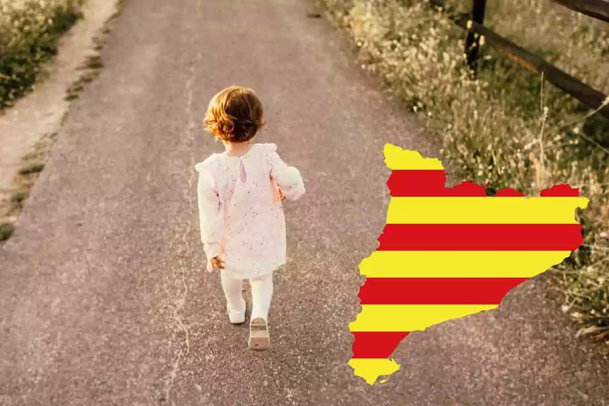 Fotomontaje de una niña andando por un camino y al frente un mapa de Cataluña con la bandera