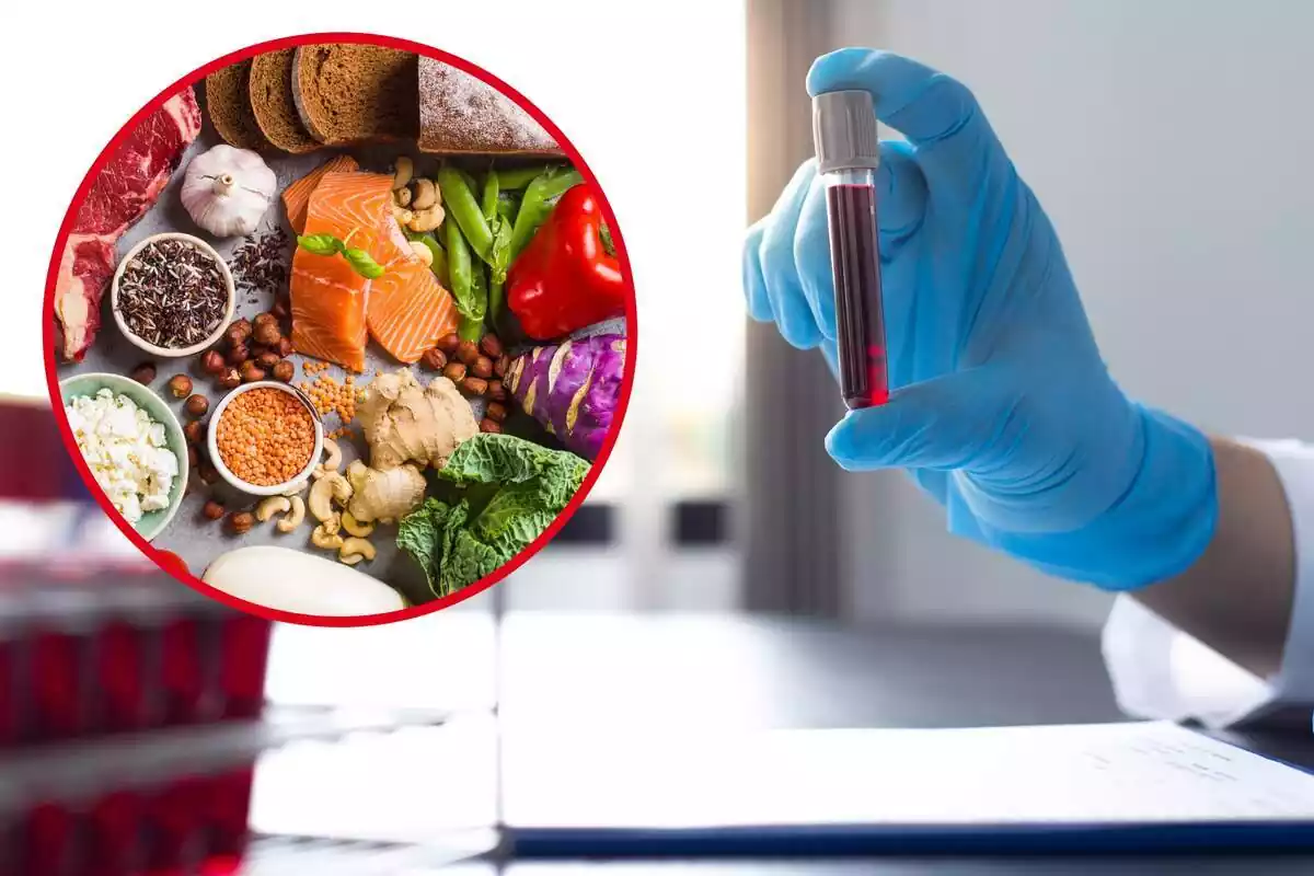 Montaje con la mano de un médico con guante azul sujetando una muestra de sangre y un círculo con varios alimentos en una mesa